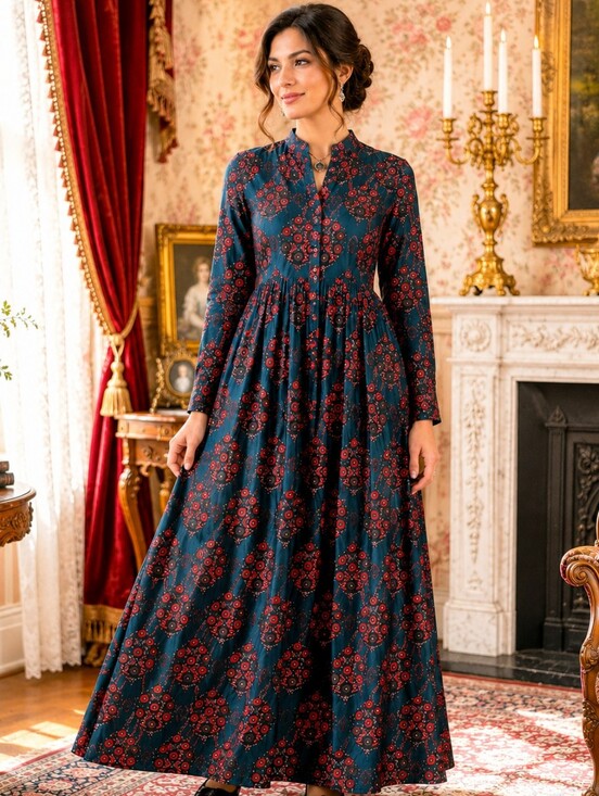Handmade Dresses & Skirts - Vintage Teal Red Floral Satin Boho Maxi Dress Mandarin Collar Cottagecore